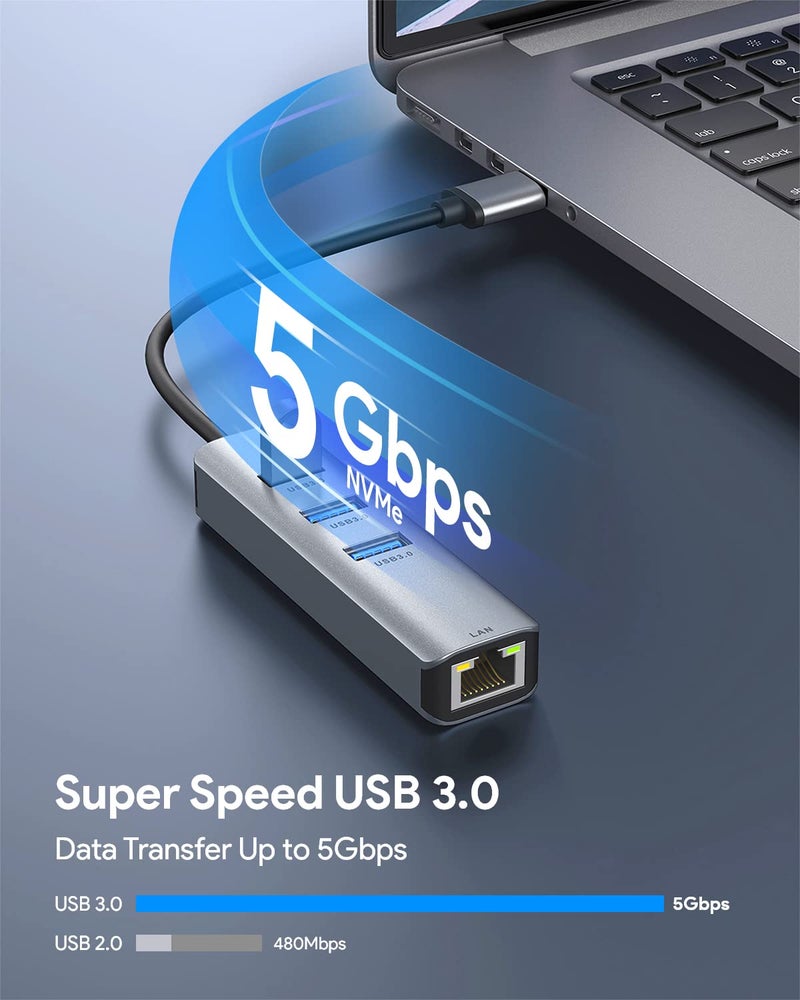 ABLEWE USB 3.0 to Ethernet Adapter,ABLEWE 3-Port USB 3.0 Hub with RJ45 10/100/1000 Gigabit Ethernet Adapter Support Windows 10,8.1,Mac OS, Surface Pro,Linux,Chromebook and More - Image 4